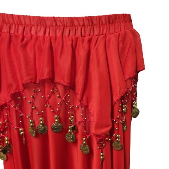 Kids or Teens Dance Skirt Red Sheer Party Skirt with Gold Beads and Coins - Picture 3 of 5